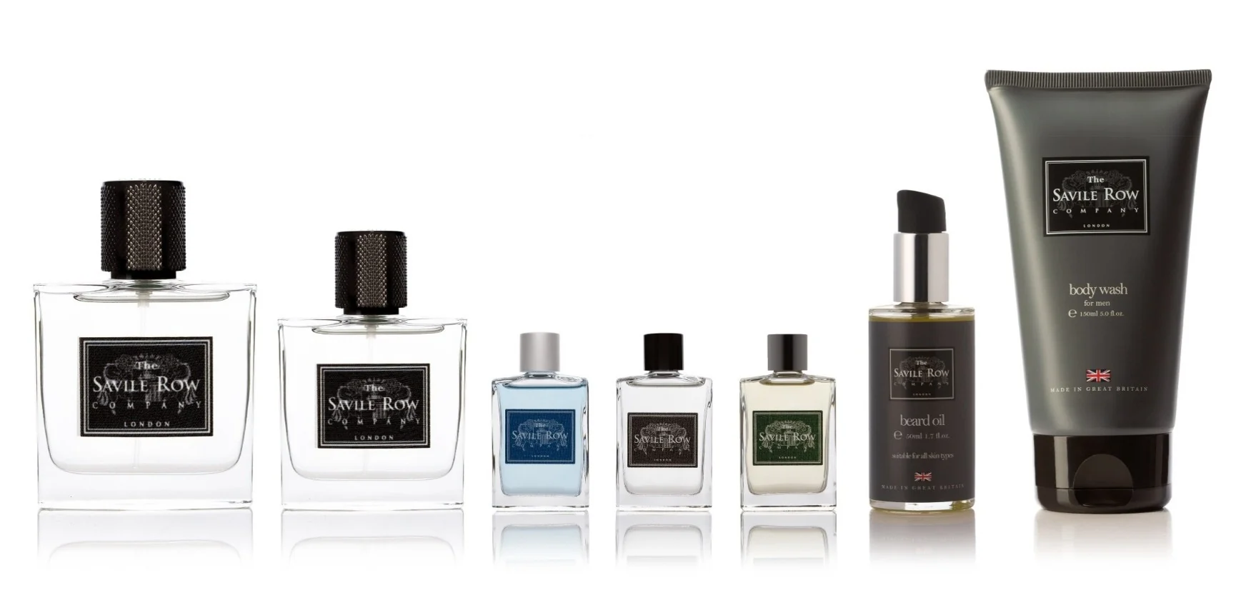 The full Savile Row Heritage line-up: eau de toilette in two sizes, three smaller flacons, beard oil and body wash