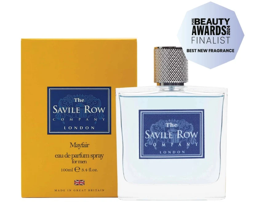 Savile Row Mayfair eau de parfum and carton carrying the Pure Beauty Awards Best New Fragrance finalist mark