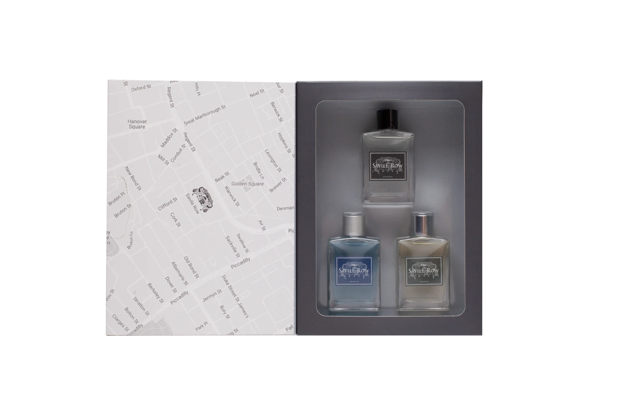 A three-bottle Savile Row gift set, presented in a box with a Mayfair street map printed across the lid