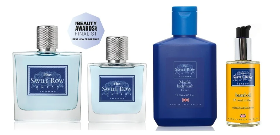 The Savile Row Mayfair range: eau de parfum in two sizes, body wash and beard oil