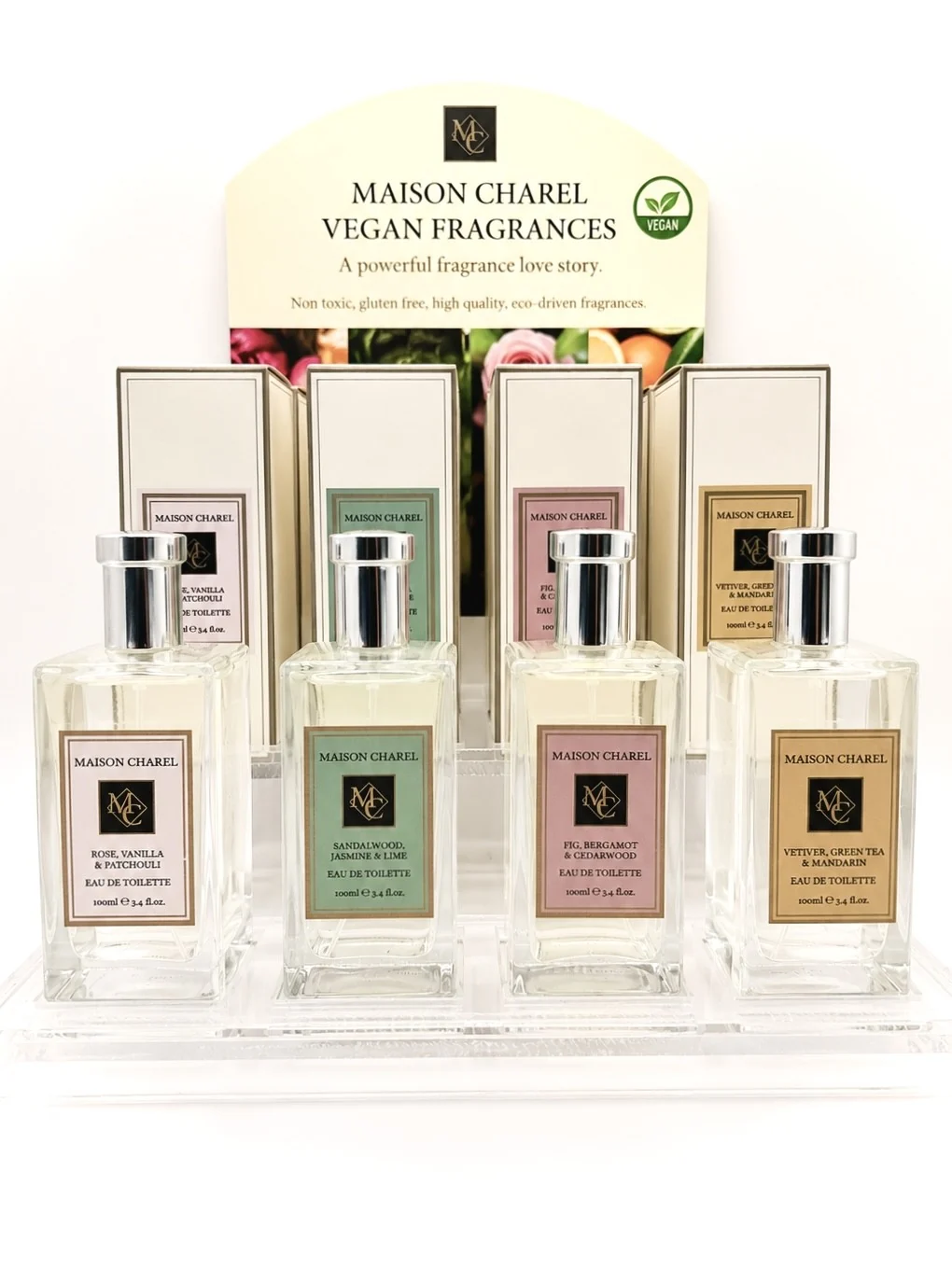 The Maison Charel counter unit, four fragrances tiered beneath a vegan fragrances header card