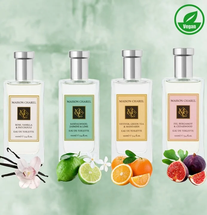 The four Maison Charel eau de toilettes shown with their ingredients: vanilla, lime, orange and fig