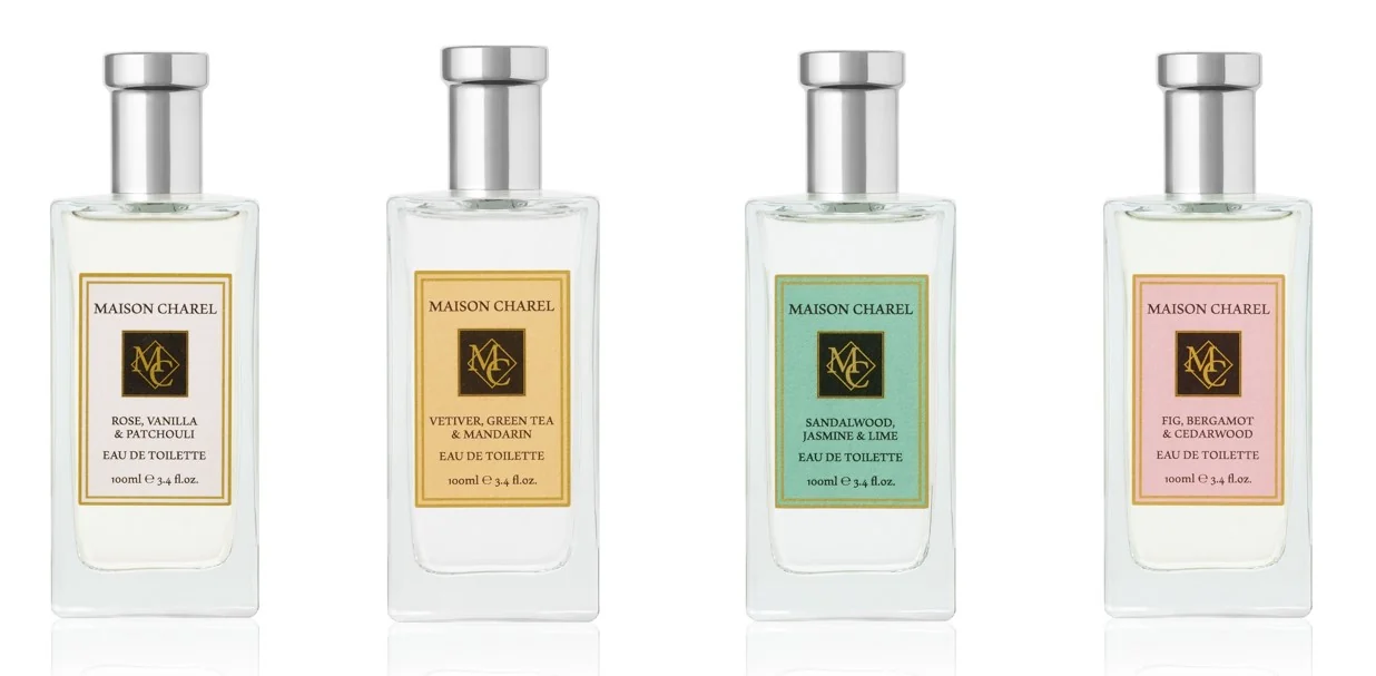 The Maison Charel eau de toilette range shown as a line of four bottles