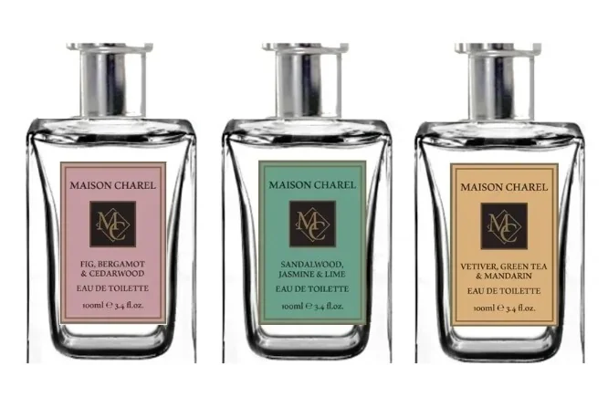 Three Maison Charel eau de toilette bottles showing the range's colour coding