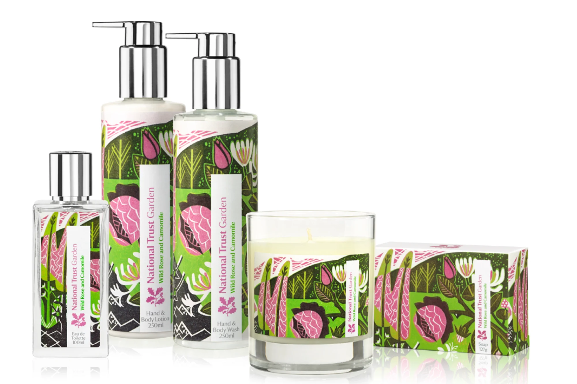 National Trust hand wash, body lotion and candle in coastal illustration livery