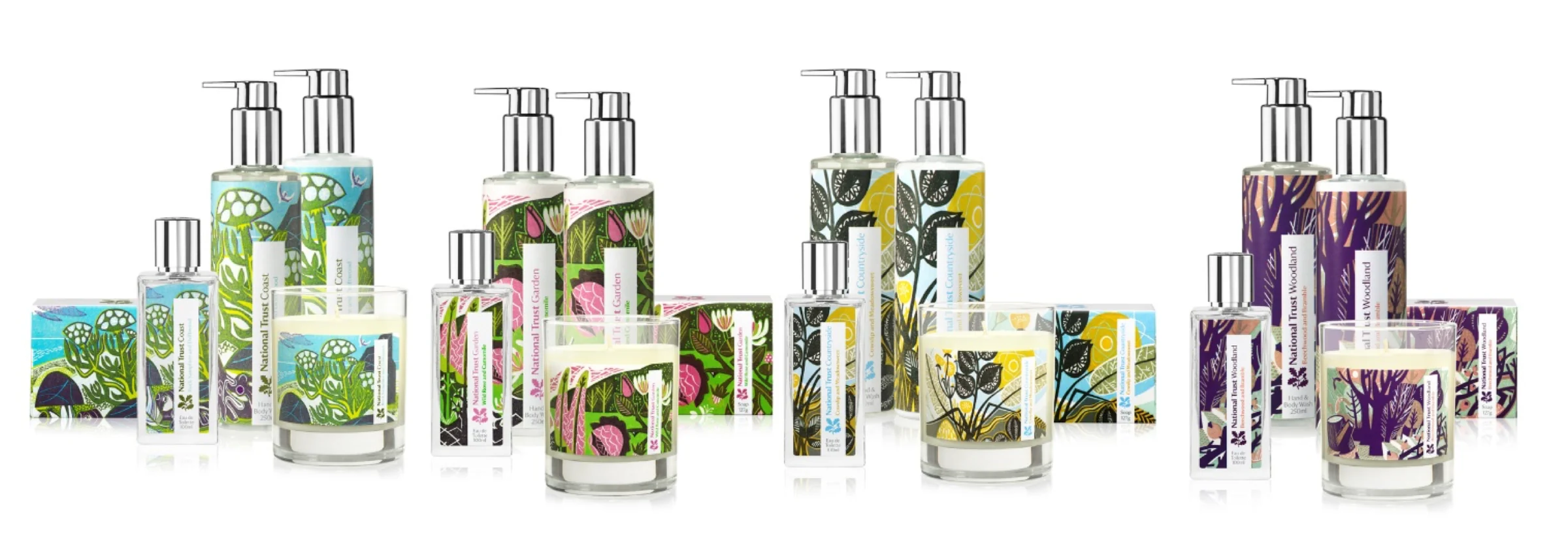 The full National Trust fragrance and home fragrance range laid out as a line-up