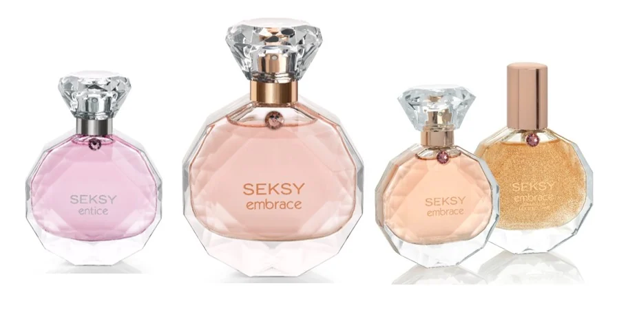 The Seksy women's fragrance range shown as four bottles with crystal-set caps