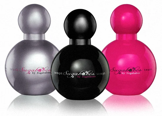 Three Sugababes fragrance bottles in silver, black and pink