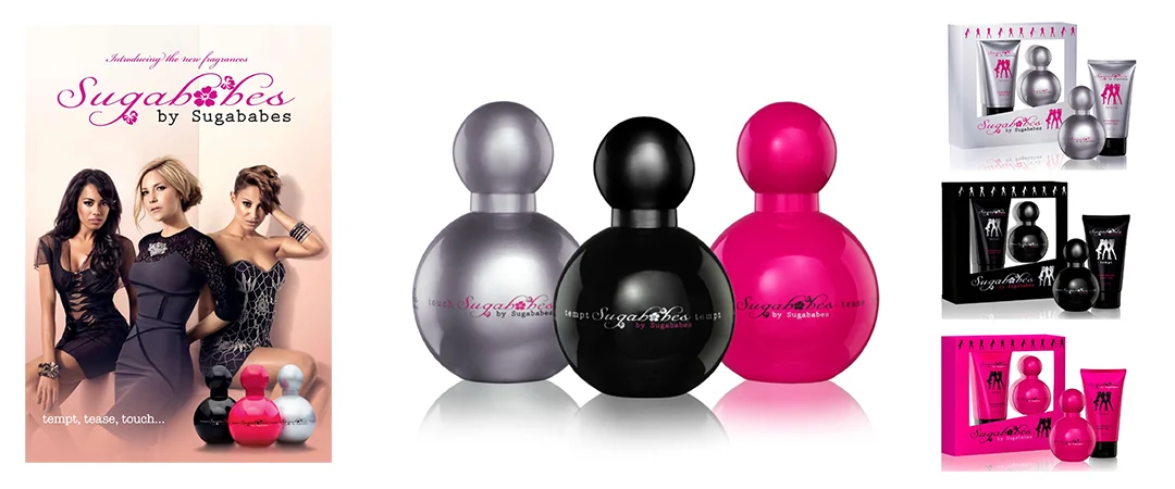 The Sugababes fragrance range shown with its gift sets and packaging