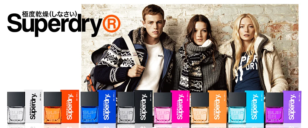 The Superdry fragrance range shown as a full line-up of bottles